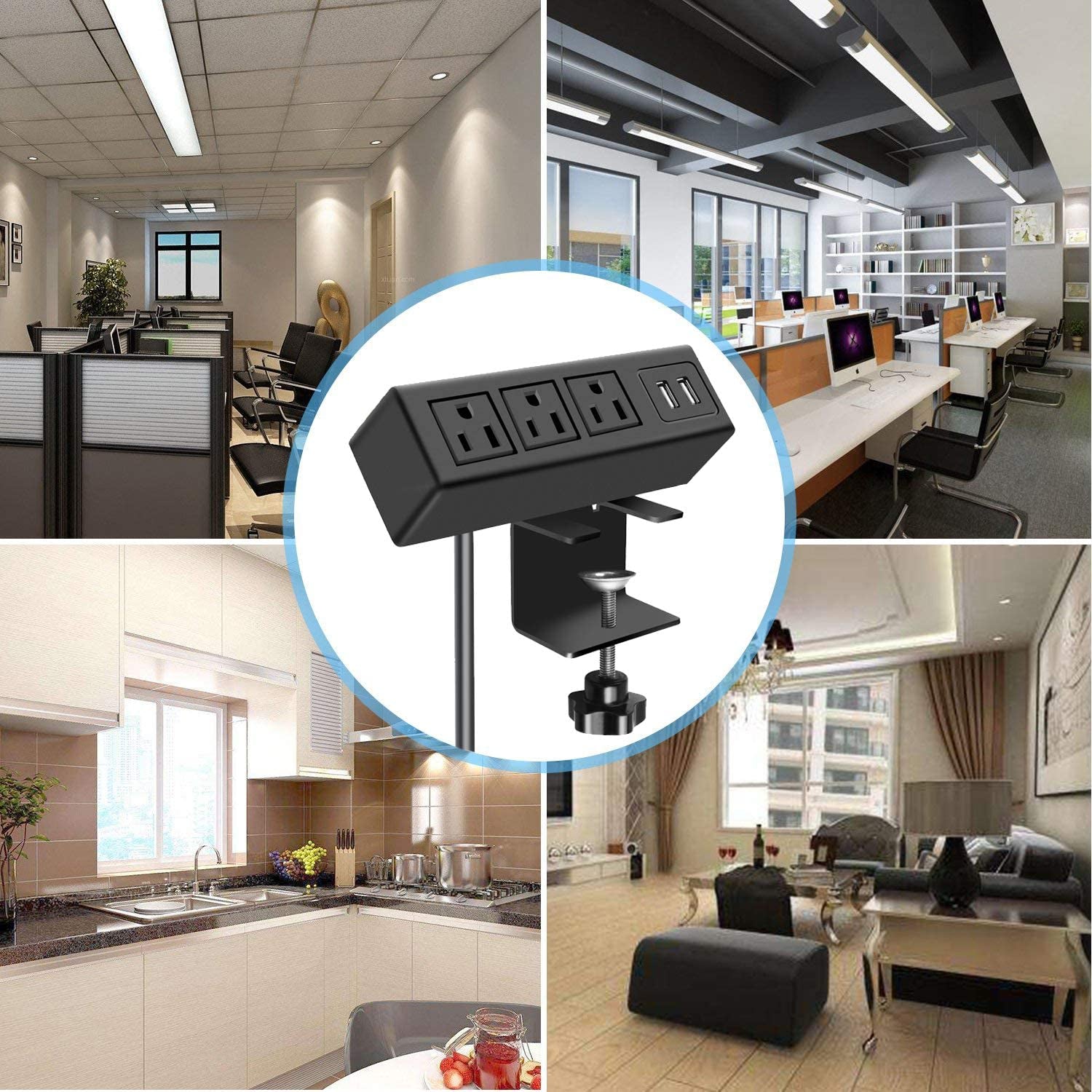 3 Outlet Desk Clamp Power Strip with USB Ports, Desktop Power Strip Surge Protector 1200J. Table Mount Charging Power Station, on Edge Power Outlet 125V 12A 1500W.